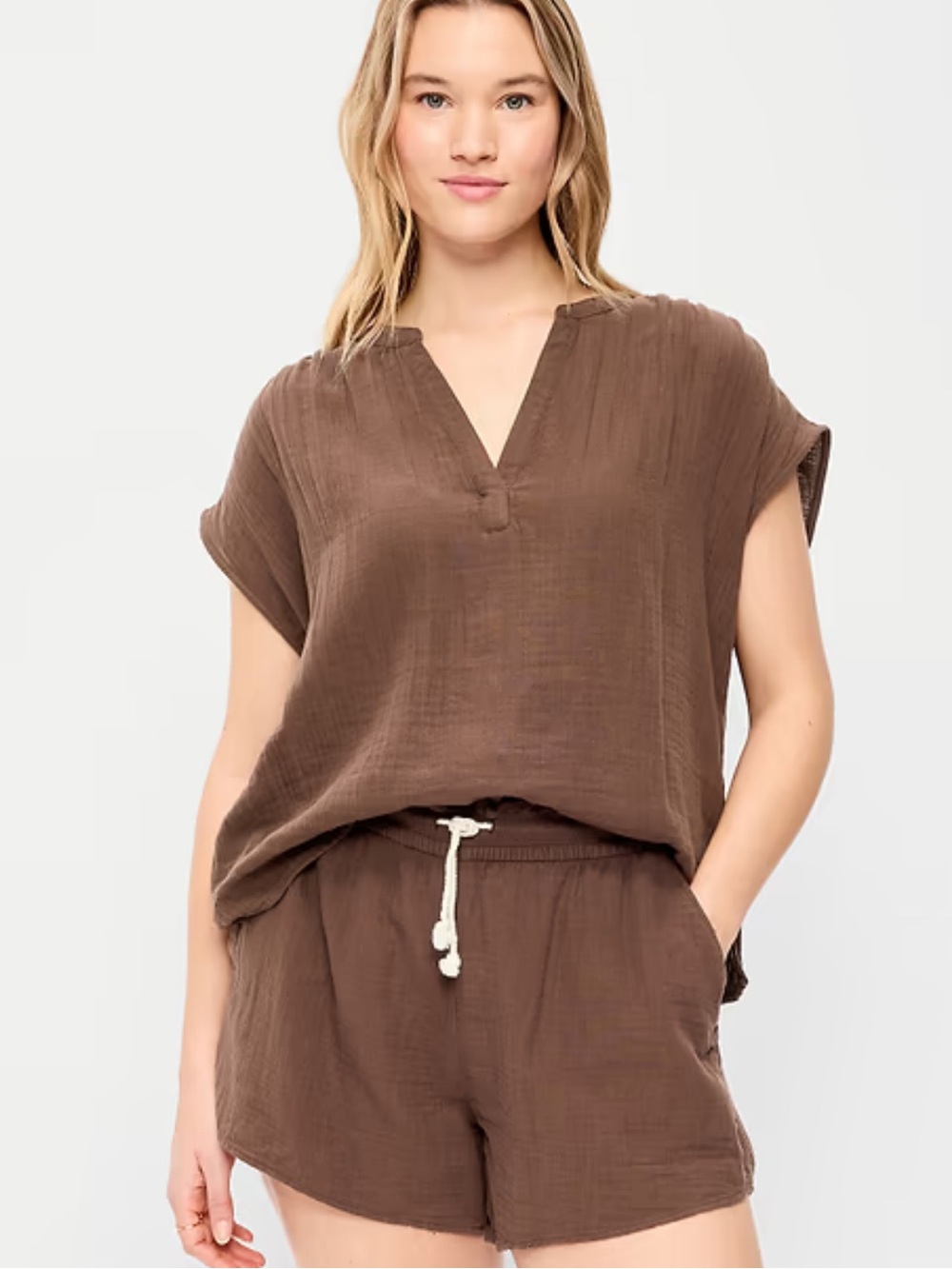 Old Navy Brown Crinkle Gauze Short-Sleeve Popover Top